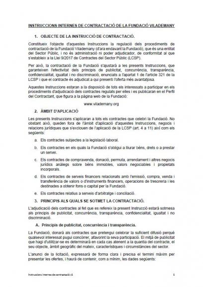 Instruccions internes de contractació Fundacio Vilademany